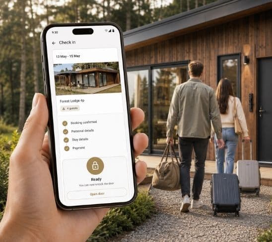 Guest using mobile smart lock access while arriving at a resort accommodation.
