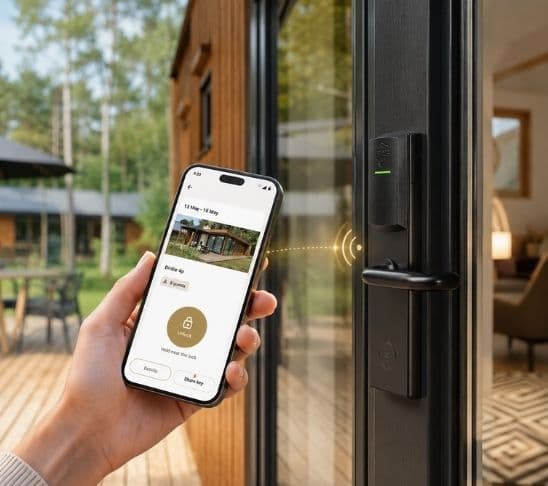 Guest using mobile access to unlock a holiday home door at arrival.