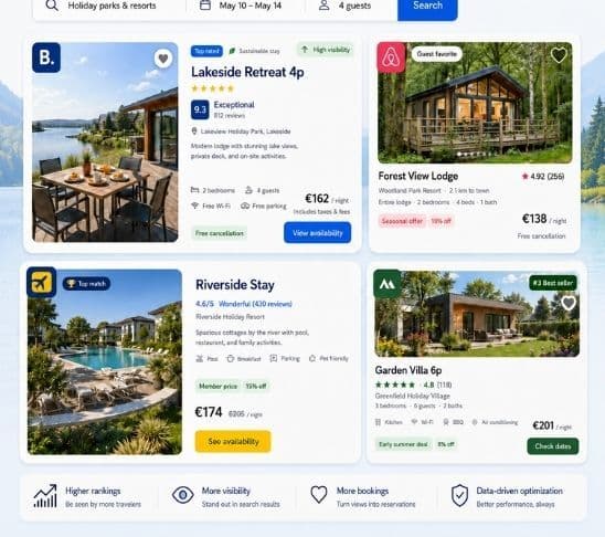 ResortFlow channel integration overview showing holiday accommodations listed across multiple booking platforms.