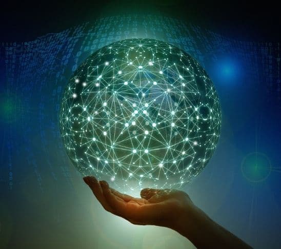 Digital network sphere representing connected booking channels, partners and resort distribution systems.