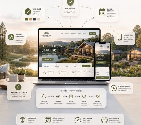 Custom resort website design displayed across desktop and mobile with booking and brand elements.