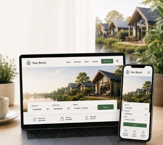 Branded resort website shown on desktop and mobile for direct holiday park bookings.