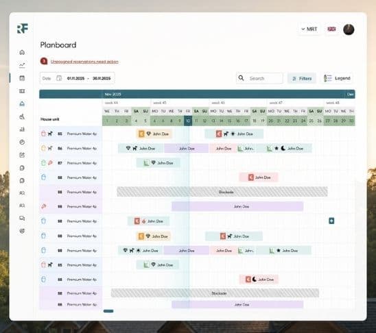 ResortFlow planboard shown on a screen with reservations, availability and daily planning details.