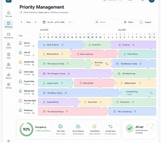 ResortFlow priority management dashboard showing booking gaps, planning opportunities and occupancy optimisation.