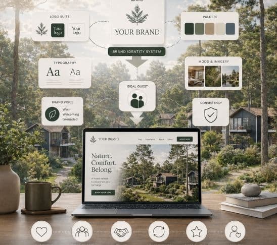 Resort brand identity concept showing logo, colours, website elements and digital brand touchpoints.