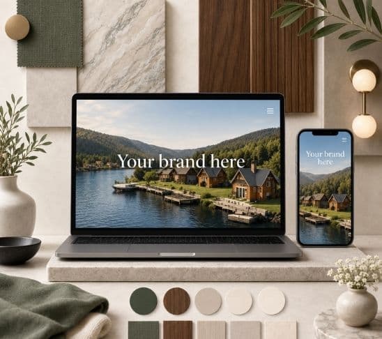 Branded resort website displayed on laptop and mobile with matching colours and visual style.