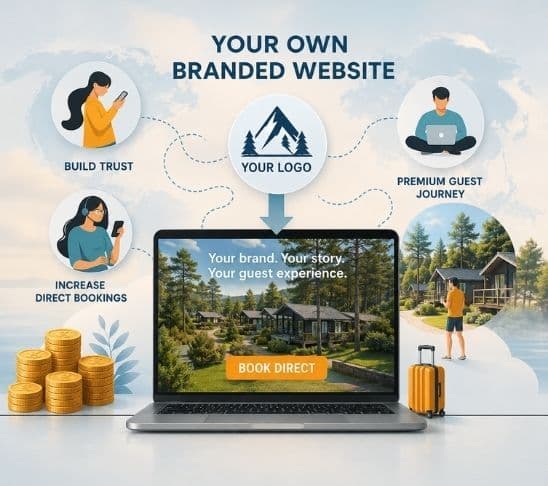 Branded resort website concept with booking engine, logo, guest journey and direct booking elements.