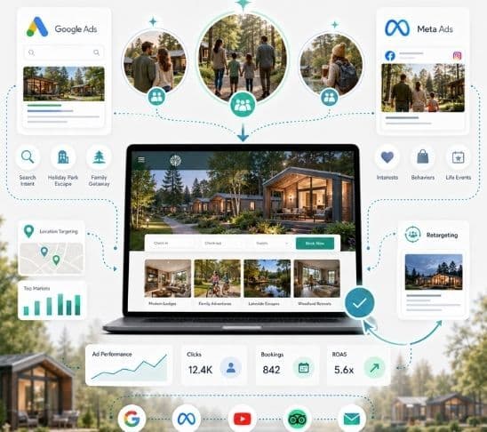 ResortFlow advertising campaign overview showing resort promotions across Google, Meta and other channels.