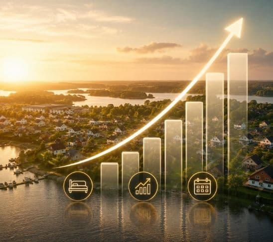 ResortFlow growth visual showing rising performance, bookings, occupancy and revenue results.