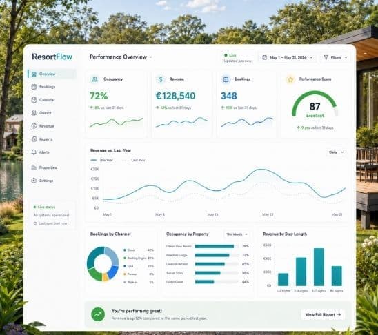 ResortFlow performance dashboard showing revenue, occupancy, bookings and resort reporting data.