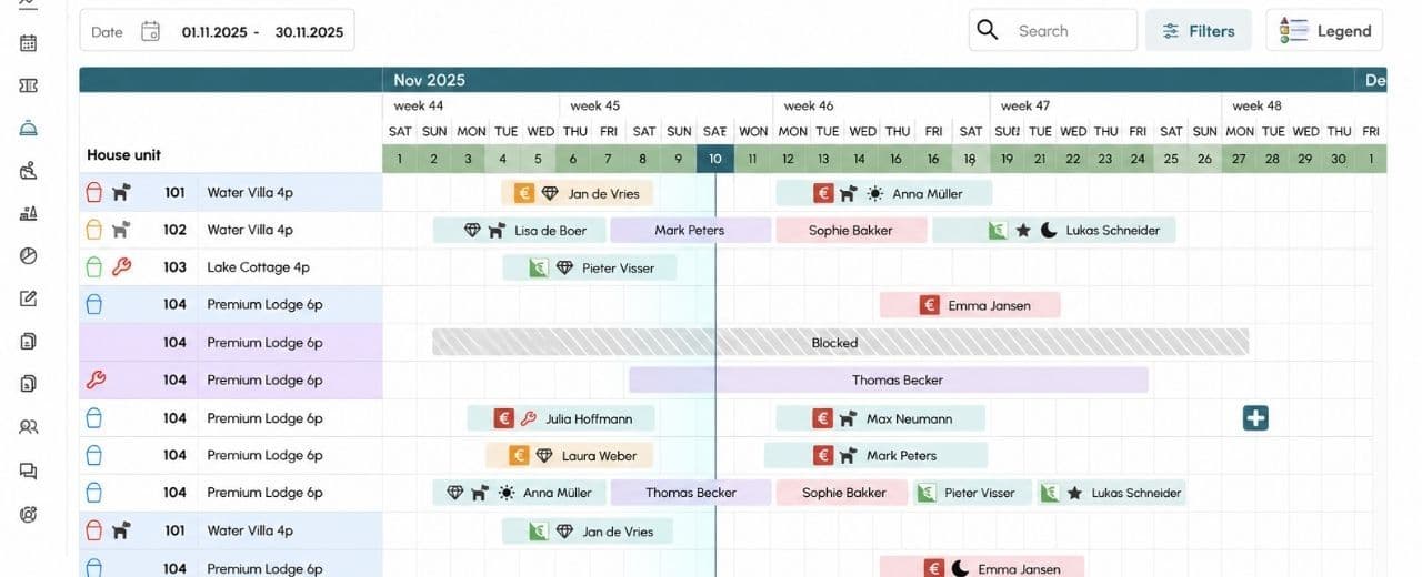 ResortFlow reservation planboard showing bookings, guest stays and accommodation availability.